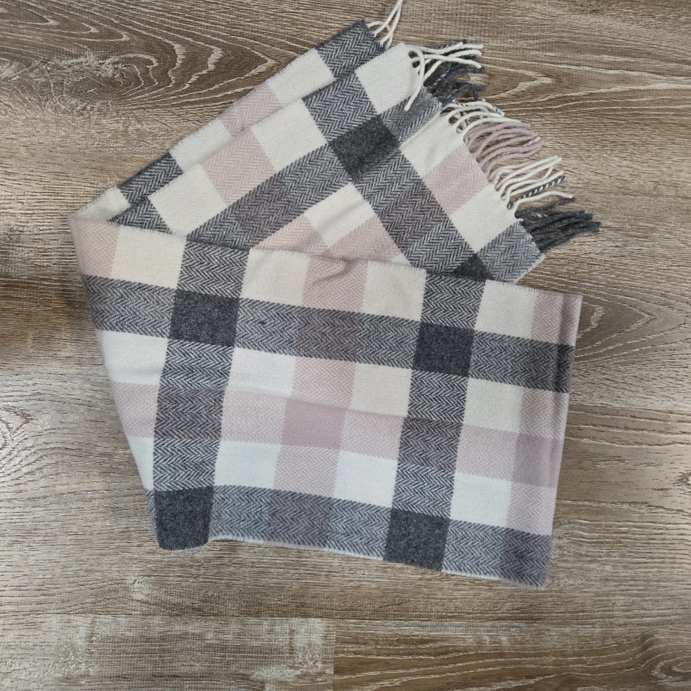 Foxford Neutral Block Check Scarf made from 100% lambswool Pink White Gray Plaid
